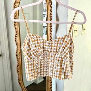 Anthropologie /Scalloped Crop Top Geometric Pattern Gingham Mustard Yellow White